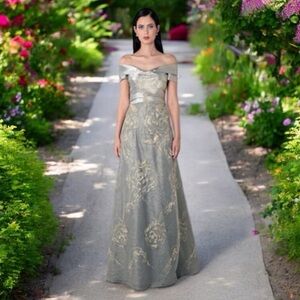 Rene Ruiz  Metallic Tiered Tulle Off The Shoulder Gown